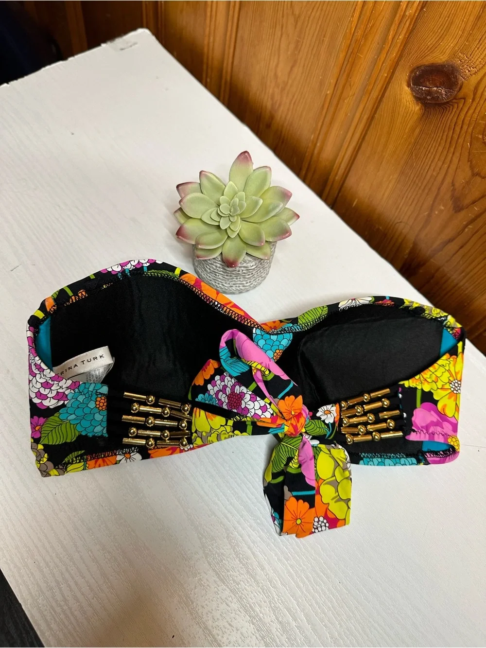 Trina Turk Black Floral Bandeau Swim Top with Multicolor Blooms